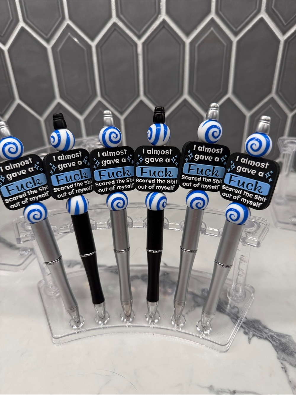Novelty Blue Swirl Pen with Humorous Topper - Pack of 6